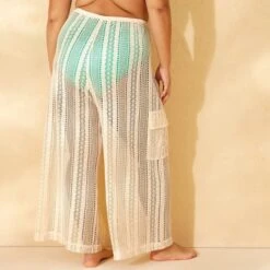 Women's Crochet Mid-Rise Swim Cover Up Cargo Pants - Wild Fable™ Beige