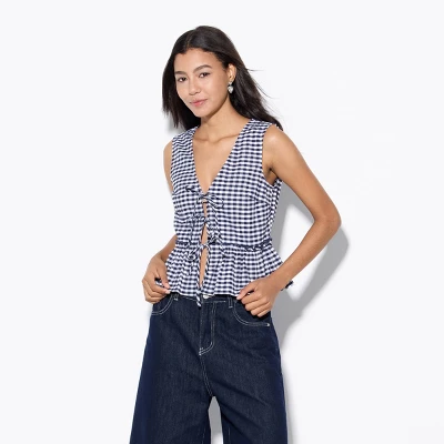 Women's Tie-Front Ruffle Vest - Wild Fable™ Navy Blue Gingham 5 Women's Tie-Front Ruffle Vest - Wild Fable™ Navy Blue Gingham - Image 3