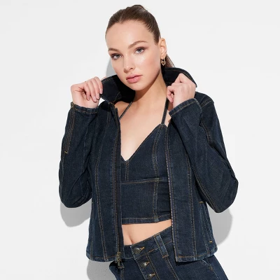 Women's Seamed Denim Moto Jacket - Wild Fable™ Dark Wash 5 Women's Seamed Denim Moto Jacket - Wild Fable™ Dark Wash - Image 3