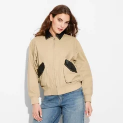 Women's Canvas & Faux Leather Bomber Jacket - Wild Fable™ Tan