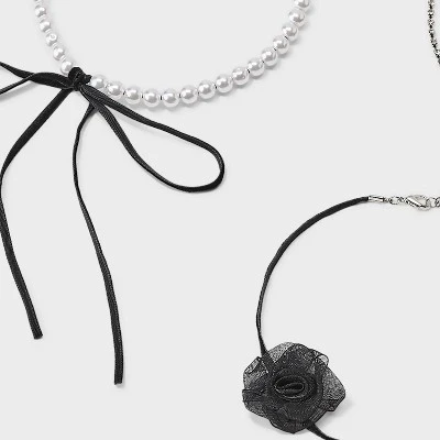 Crystal Faux Pearl & Ribbon Choker Necklace Set 5pc - Wild Fable™ Black/Silver 4 Crystal Faux Pearl & Ribbon Choker Necklace Set 5pc - Wild Fable™ Black/Silver - Image 2