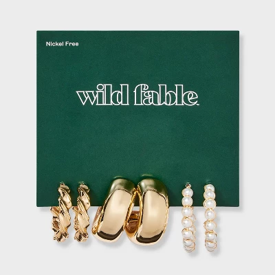 Smooth Twist And Pearl Hoop Earring Set 3pc - Wild Fable™ Gold 3 Smooth Twist And Pearl Hoop Earring Set 3pc - Wild Fable™ Gold