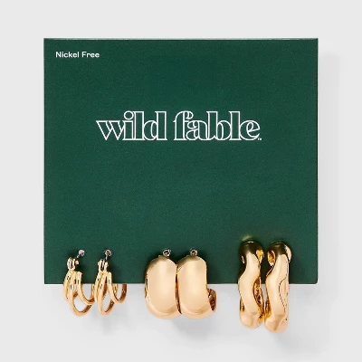 Wide And Chunky Twist Earring Set 3pc - Wild Fable™ Gold: Nickel-Free Metal, Clip-In Clasp, Hoop Style 3 Wide And Chunky Twist Earring Set 3pc - Wild Fable™ Gold: Nickel-Free Metal, Clip-In Clasp, Hoop Style