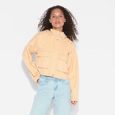 Women's Hooded Cropped Chore Fashion Jacket - Wild Fable™ Beige 3 Women's Hooded Cropped Chore Fashion Jacket - Wild Fable™ Beige