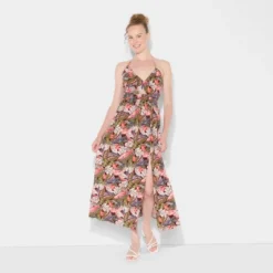 Wild Fable Store 7 Women's Ruched Maxi Halter A-Line Dress - Wild Fable™ Assorted Pinks Floral